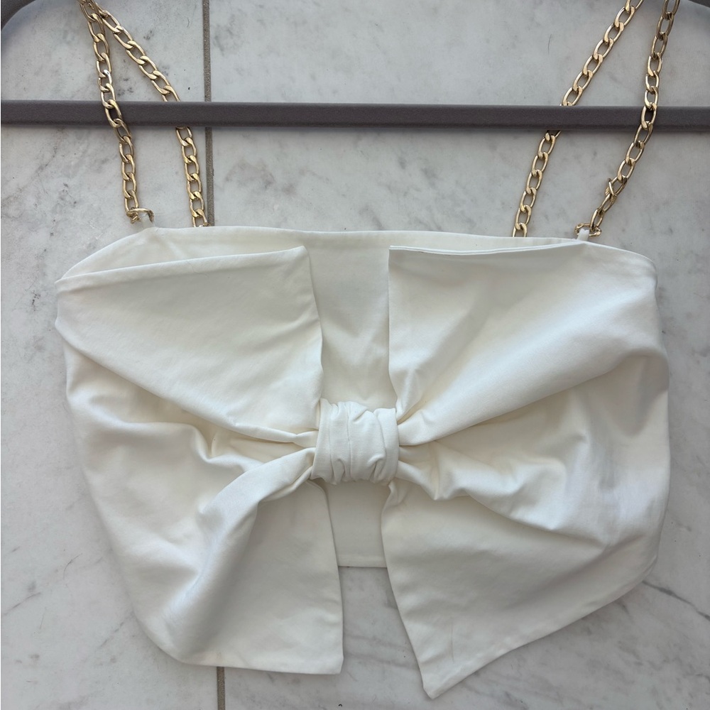 Zara Cream Bow Crop Top with Gold Chain Straps